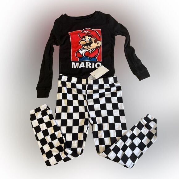 Nwt 5t Black Mario Long Sleeve Top and Checkered Pants Set - Picture 1 of 2